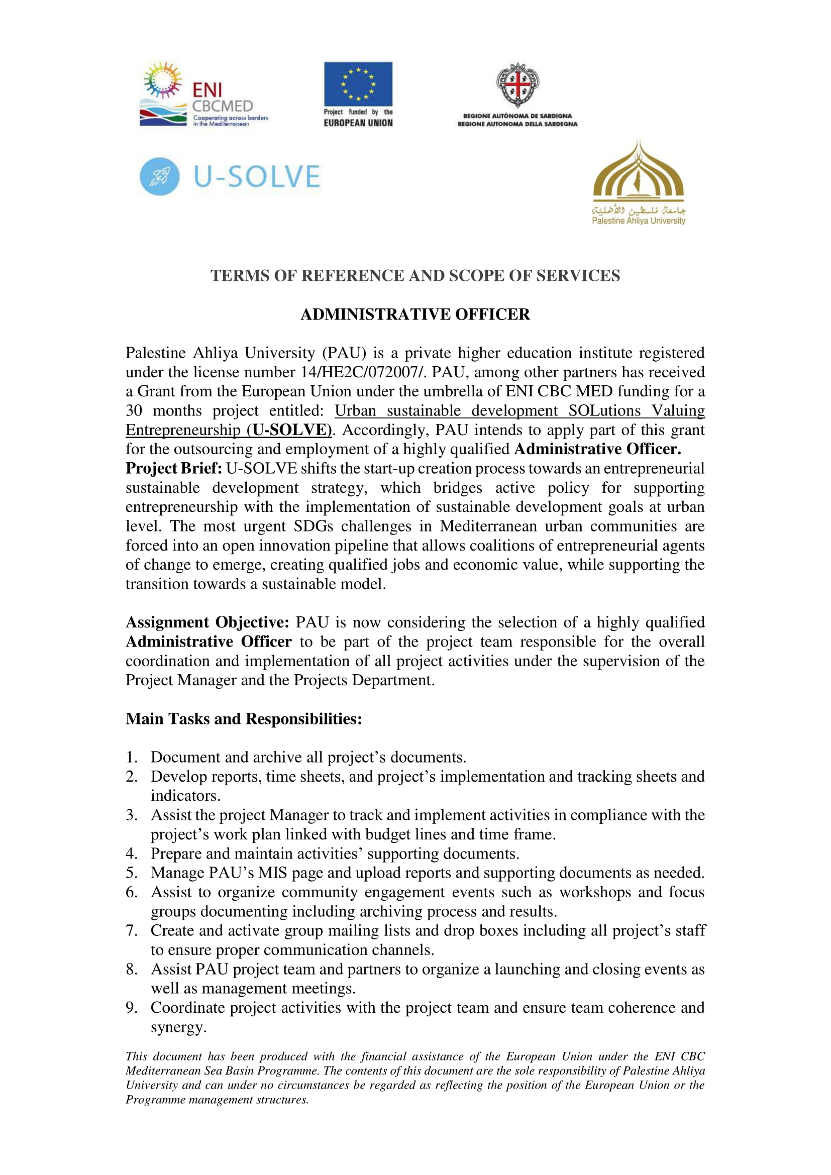TOR administrative assistant- U-SOLVE